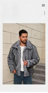 Detailed view of men's faux fur jacket with grey gradient texture and wide lapels