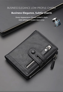 Detailed view of black textured leather wallet with side zipper and buckle closure detail