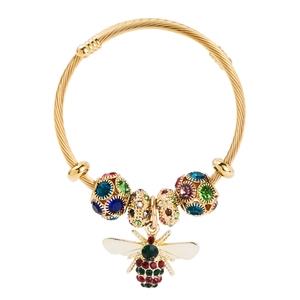Adjustable golden bee bangle with sparkling crystal beads and red-green enamel bee charm