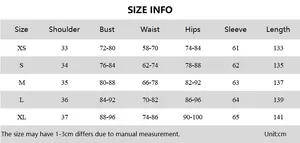 Detailed size chart for long sleeve bodysuit with shoulder, bust, waist, and hip measurements
