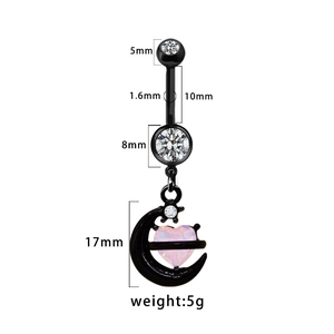 Detailed view of black moon belly ring with pink heart stone and size measurements
