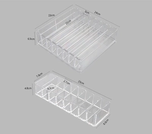 Detailed size dimensions for transparent acrylic makeup organizer with multiple compartments