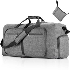 Detailed view of gray oxford travel bag showing multiple compartments and folding storage