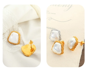 Detail of irregular geometric pearl earrings in gold and silver stainless steel finishes