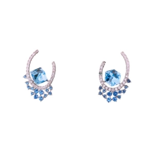 U-shaped earrings with cubic blue zircon and pave crystals on silver metal