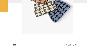 Detailed view of thick houndstooth knit beanies in brown, dark green, and navy blue