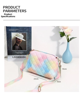 Detailed product parameters of rainbow gradient quilted crossbody bag with size specs
