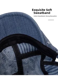 Close-up of the breathable cotton inner sweatband on the denim flat cap for men