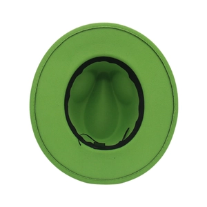 Top view of bright green wool felt fedora showing interior sweatband and adjustable drawstring
