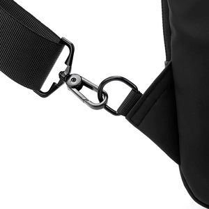 Detail of durable metal hook and nylon strap on black water-resistant chest bag
