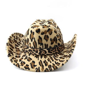 Classic leopard print western cowboy hat with wide brim and matching decorative band