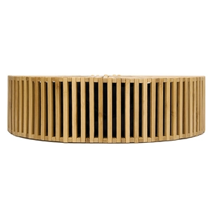 Detail of semi-circular bamboo clutch with hollow weave structure and black inner lining
