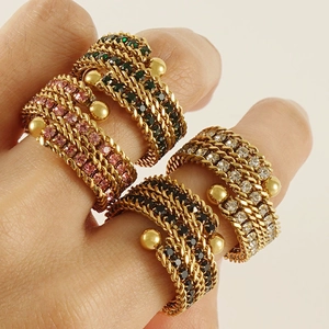 Adjustable 18k gold plated multi-layer woven ring with colorful crystals for women