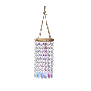 Hanging crystal wind chime with wooden ring and iridescent teardrop prisms for garden decor