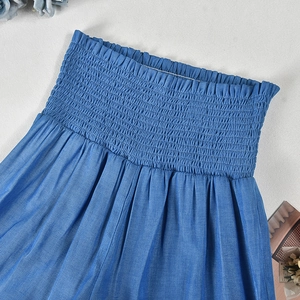 Detail of bright blue high-waisted elastic waistband with breathable textured fiber fabric