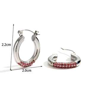 Silver stainless steel hoop earrings with pink rhinestones, size 2.2cm by 2.0cm