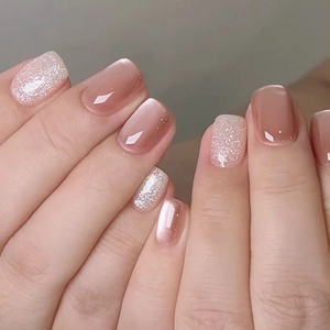 Short Square Round Press On Nails Ice Translucent Bean Paste Pink Cat Eye Glitter Faux Nails DIY Manicure Art For Women