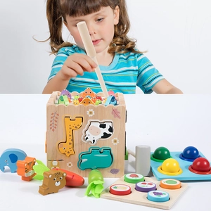 Multifunctional wooden Montessori toy set for toddlers with magnetic fishing and clock games