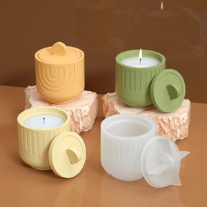 Moule en silicone pour pot de rangement rayé en résine et ciment avec couvercle et relief
