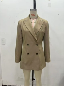 Detailed close-up of khaki slim-fit blazer with notched lapels and double-breasted buttons