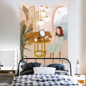 Detail of bohemian tapestry featuring a woman relaxing at a vanity, modern bedroom decor