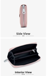 Detail showing pink leather wallet interior with multiple card slots and side view