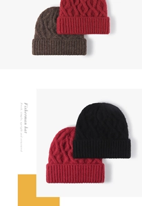 Detail showing thick cable-knit texture and ribbed cuff on warm winter beanies