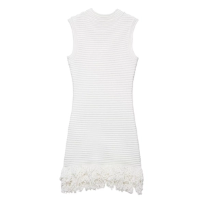 Elegant white sleeveless knit dress featuring ribbed texture and fringe hem detail