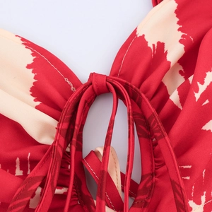 Sexy red palm tree print cutout maxi dress with tie-front detail and tropical patterns