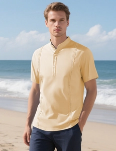 Close-up of men's beige striped knit shirt with button placket and breathable texture