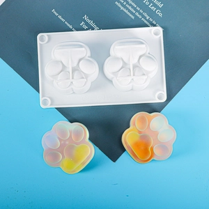 Detail of 2-cavity cat paw silicone mold with gradient resin charms on bicolor background