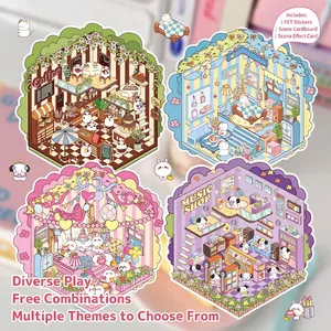 Retro animal PET scenery stickers featuring coffee shop and music store themes