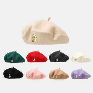 Woolen beret hats for women featuring creative banana embroidery in nine various colors