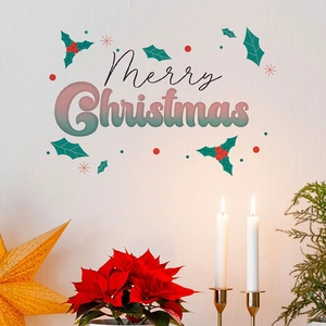 Detail of Merry Christmas wall decal with holly leaves and stars in a warm home setting