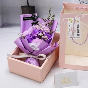 Soap flower gift set with purple roses and carnations in a pink box with gift bag