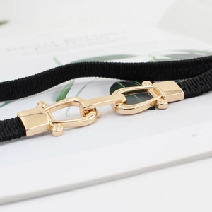 Elastic skinny black belt with golden hook buckle for dresses, elegant styling