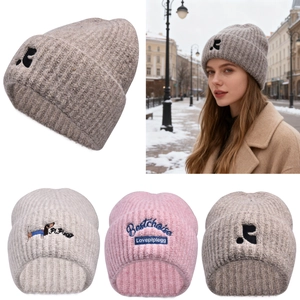 Women Knit Beanie Hat Acrylic Winter Warm Windproof Japanese Style Dog Embroidery Ribbed Cute Student Outdoor Skull Cap