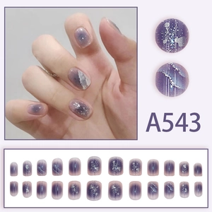 Lilac purple gradient press-on nail kit with silver glitter and marble texture, 24 pieces