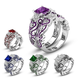 Vintage Prinses Vierkante Zirkoon Hoofdring En Beschermband Legering Hart Emaille Retro Gothische Sieraden Voor Vrouwen