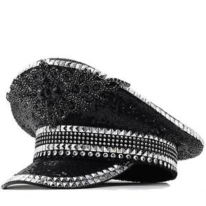 Sequin Military Hat Women Rhinestone Captain Hat Punk Studded Navy Cap Stage Performance Party Luxury Flat Top Adjustable