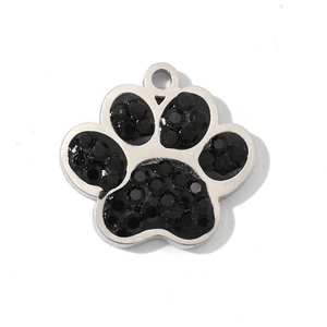 French vintage silver dog paw pendant with black rhinestones and stainless steel loop