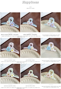 Detailed dimensions and weight specifications for various sizes of flower hair claw clips