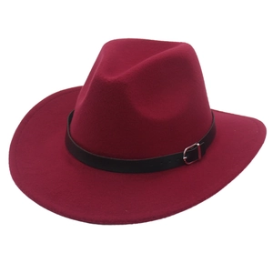 Classic burgundy western cowboy felt hat with black leather belt buckle accessory
