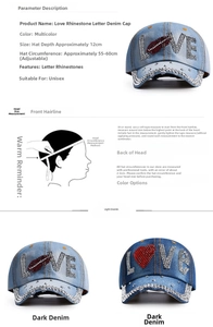 Details zur verstellbaren Jeans-Baseballkappe mit Strass-LOVE und Größentabelle