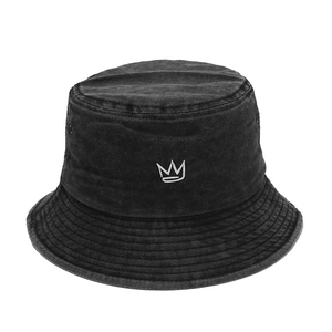 Vintage washed black denim bucket hat with white crown embroidery on white background