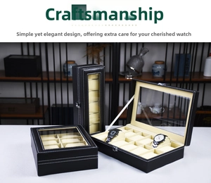 Detailed display of PU leather watch boxes in 6 and 12 slot sizes with transparent lids