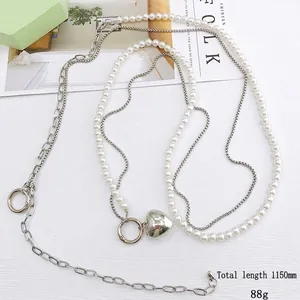 Silver beaded phone strap chain with white pearls and heart pendant, 115cm length