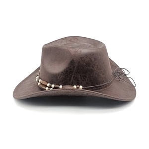 Brown faux suede western cowboy hat with vintage texture and beaded decorative trim