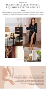 Close-up of luxurious black satin robe featuring a sleek belted waist and elegant V-neck design