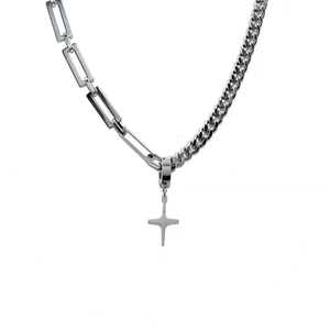 Hip-hop silver star pendant necklace with mixed rectangular and Cuban chain links